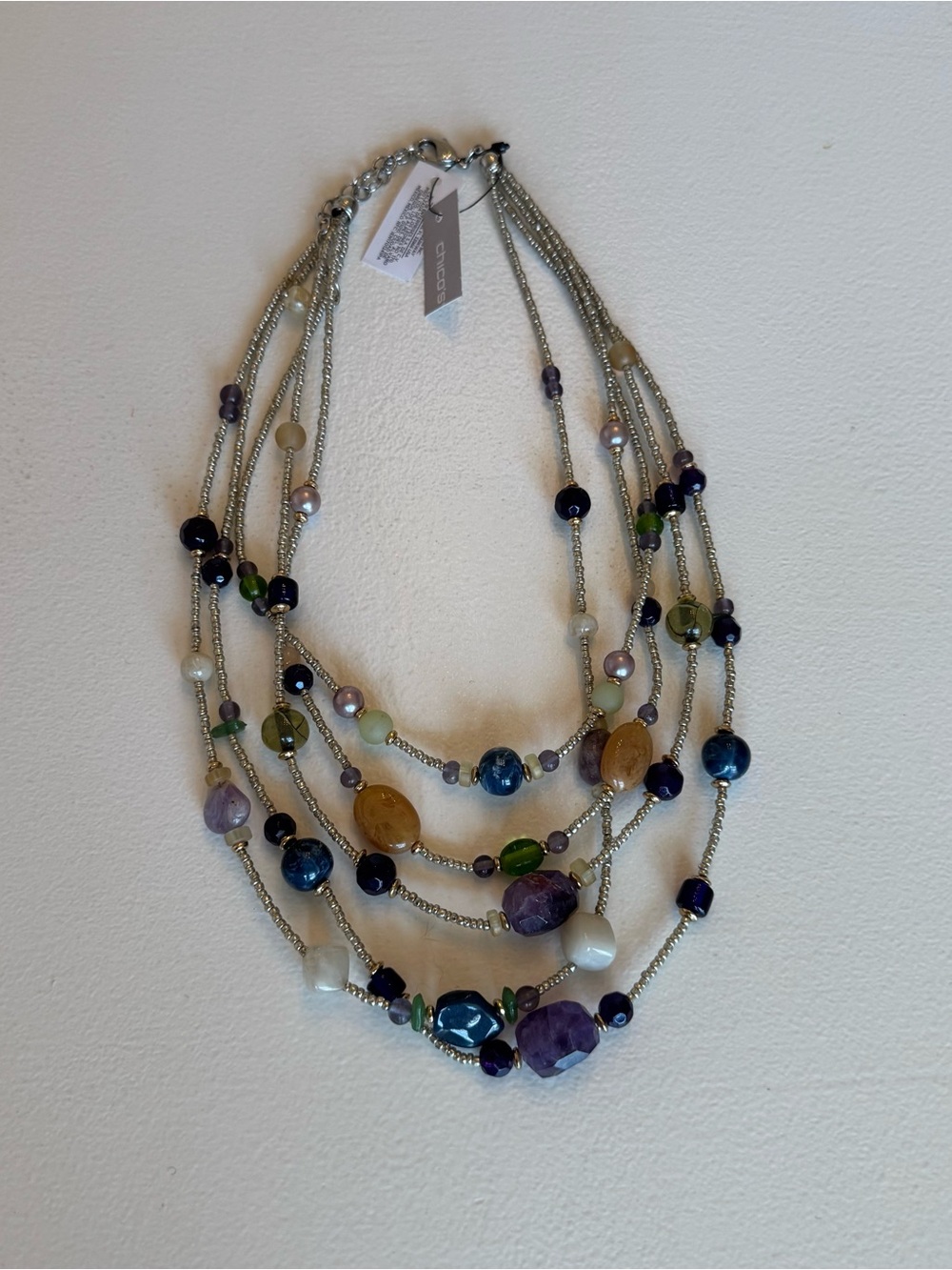 Chico’s New Silver Tone Iris Purple Multi Beaded Layered Necklace